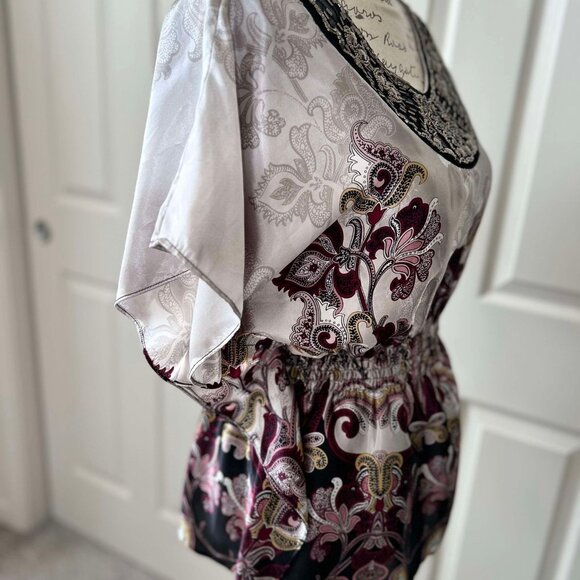 Satin Silver & Purple Paisley Batwing Sleeved Top with Beads & Gems for Accent - Picture 9 of 10